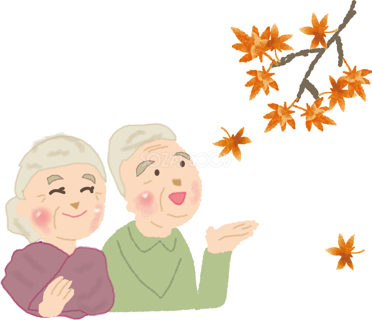 紅葉を眺める高齢者夫婦無料イラスト/秋51735
