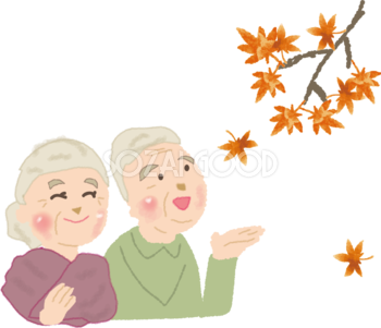 紅葉を眺める高齢者夫婦無料イラスト／秋51735