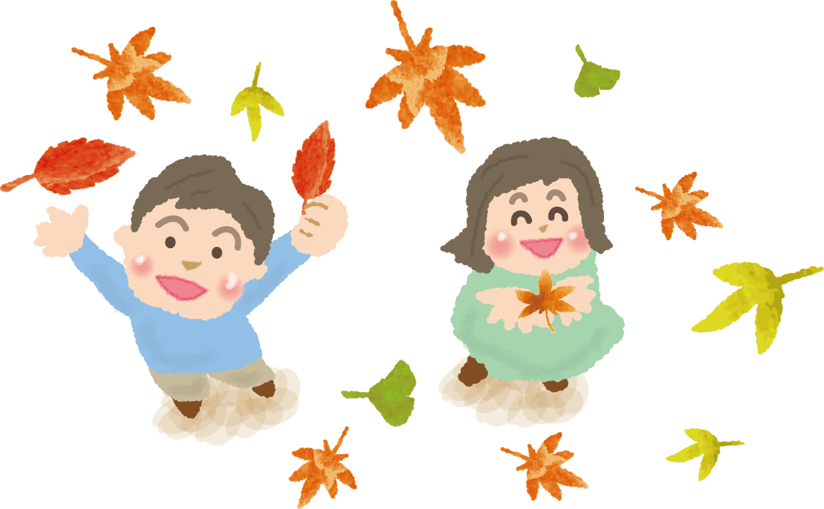 散る紅葉のもみじの葉を持つ子ども達無料イラスト／秋51751に写真・文字を入れる