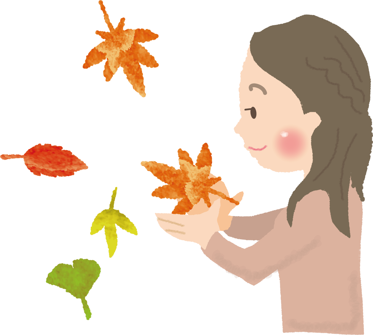 散る紅葉のもみじの葉を持つ女性達無料イラスト／秋51759に写真・文字を入れる