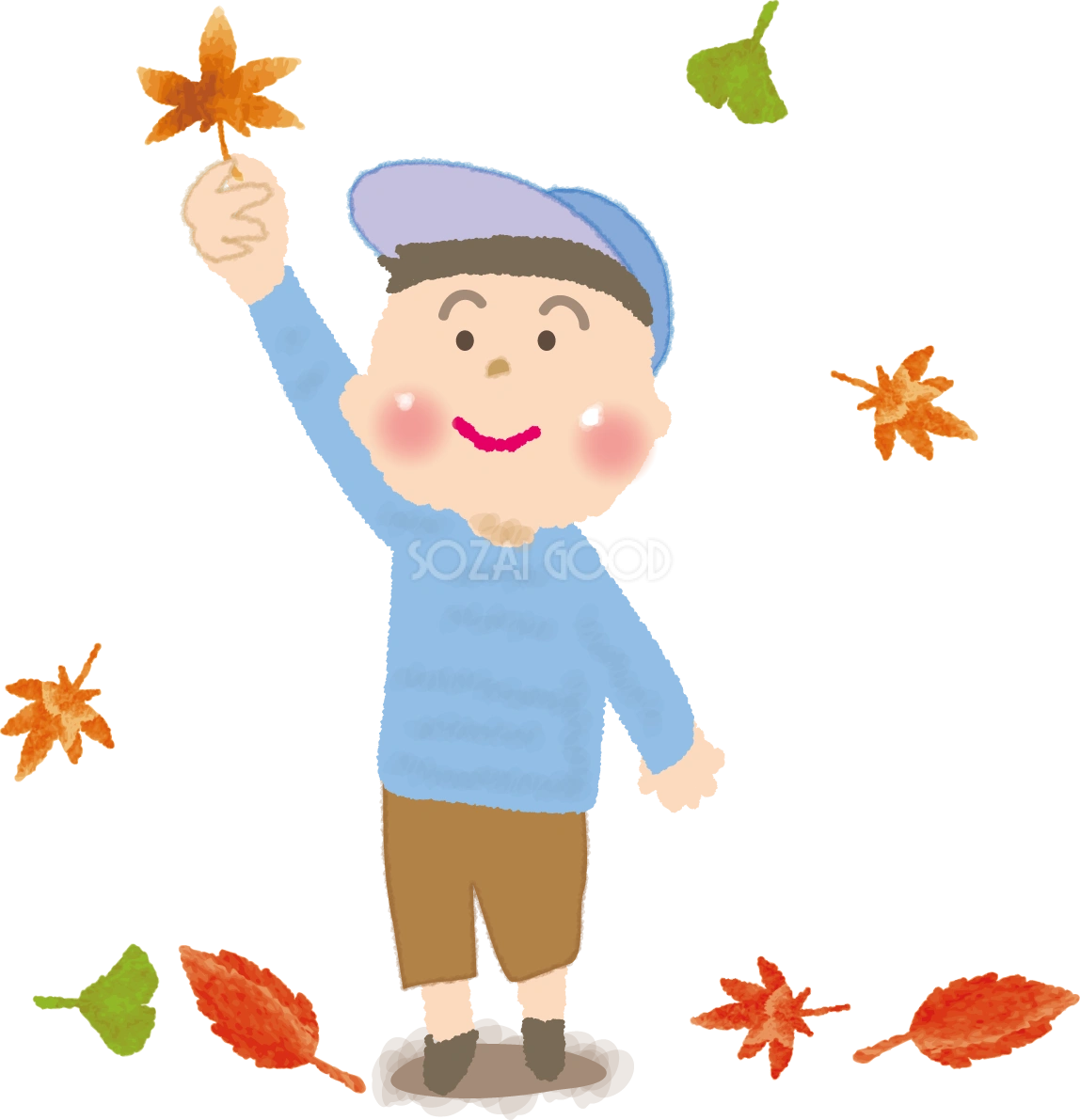散る紅葉のもみじの葉を持つ男の子無料イラスト／秋51763