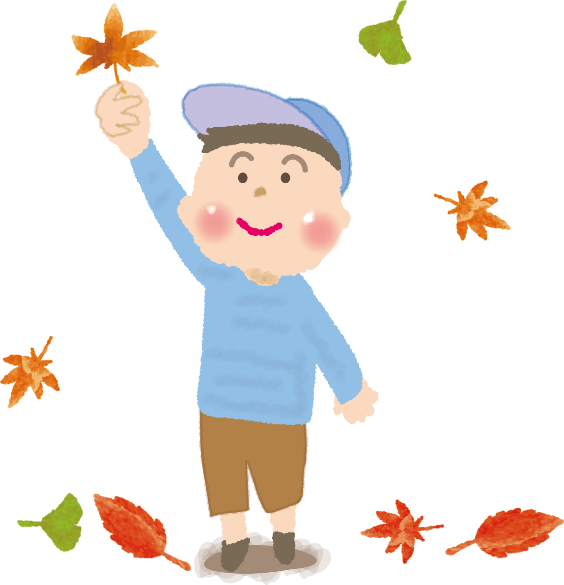 散る紅葉のもみじの葉を持つ男の子無料イラスト／秋51763に写真・文字を入れる