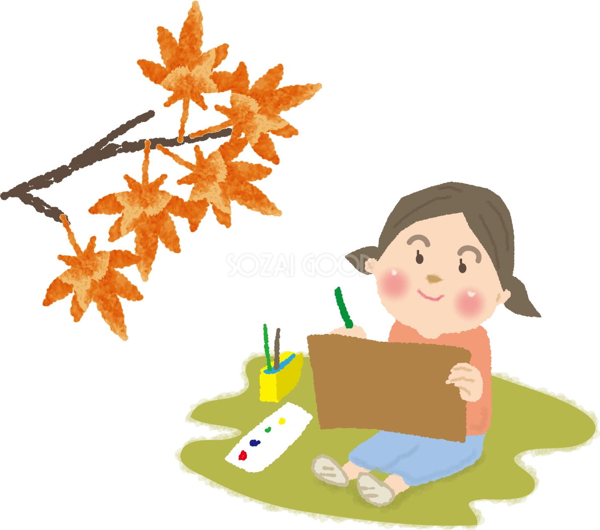 写生大会で紅葉風景を描く子ども(女の子)無料イラスト/秋51767
