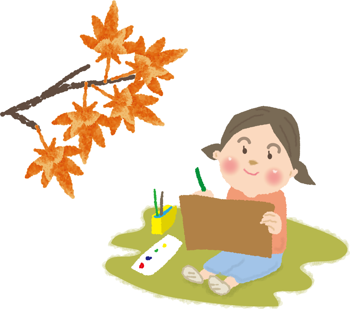 写生大会で紅葉風景を描く子ども（女の子）無料イラスト／秋51767に写真・文字を入れる