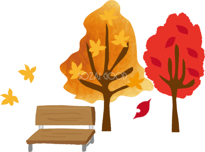 秋の紅葉した木とベンチの無料イラスト 秋51795 素材good