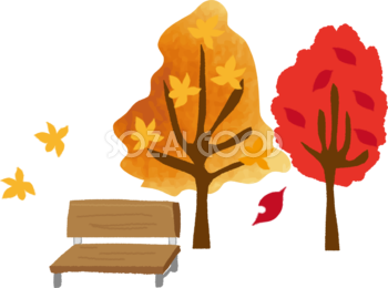 秋の紅葉した木とベンチの無料イラスト／秋51795