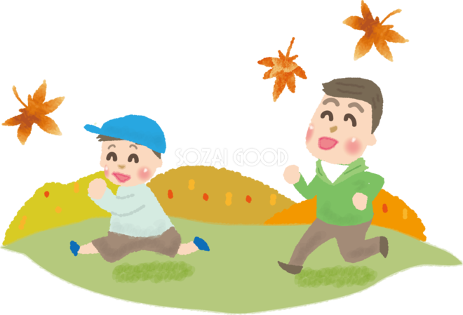 親と子どもが紅葉の野原を楽しそうに走る無料イラスト 秋 素材good