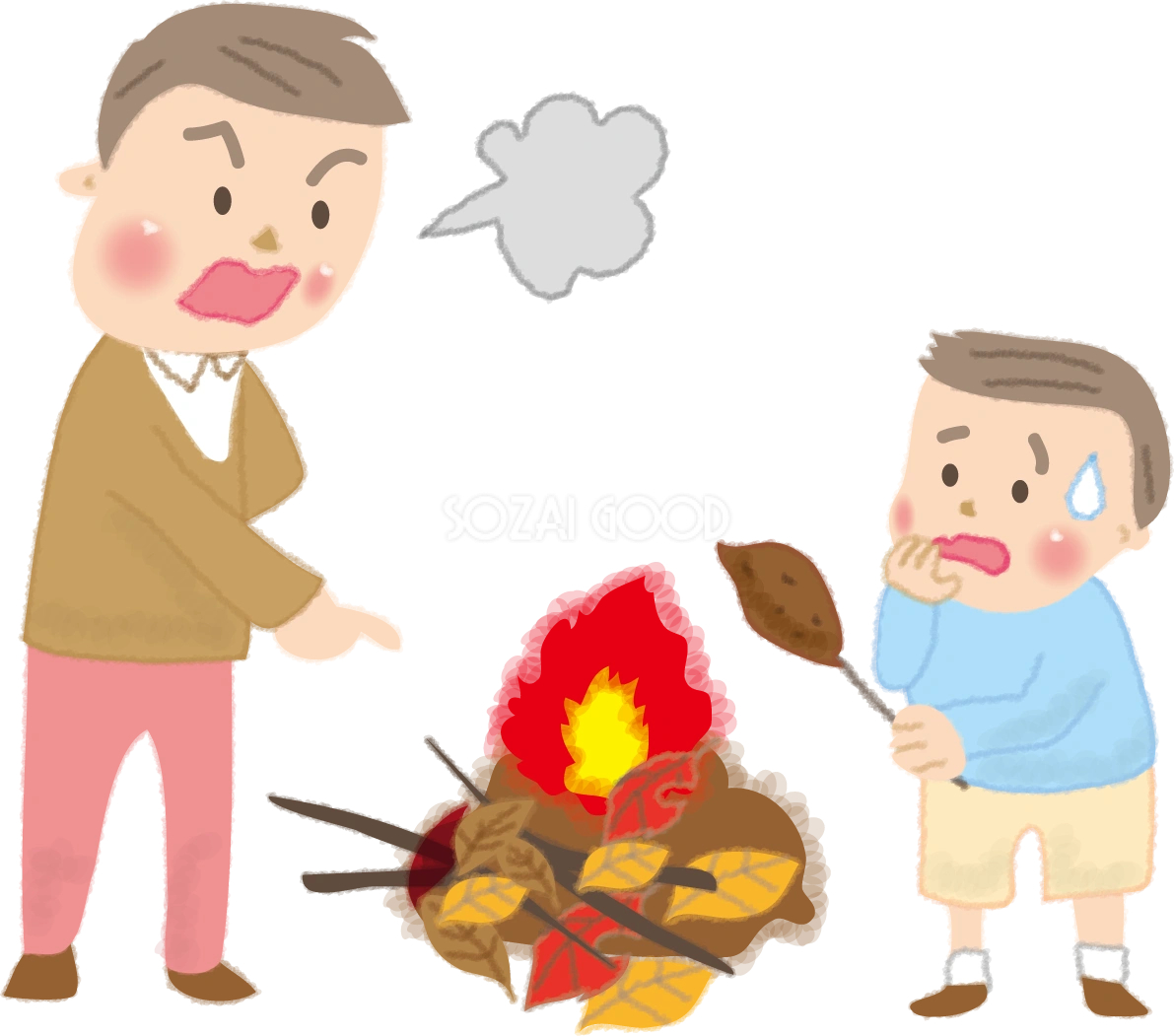 落ち葉でサツマイモを焼き怒られる子ども達の無料イラスト/秋51828