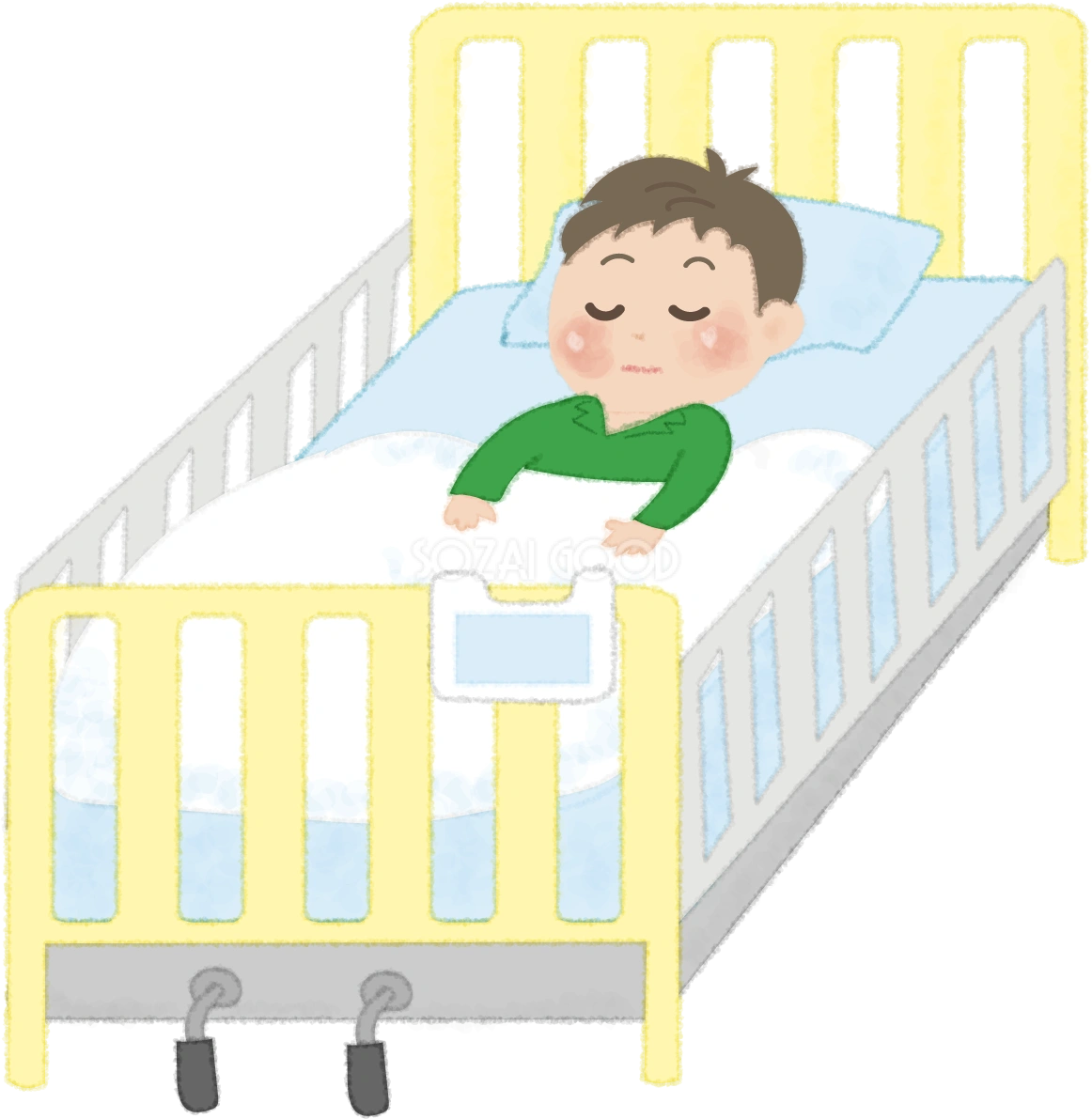 かわいい子どもが病院のベッドで寝ている無料イラスト(男の子)／病院52006