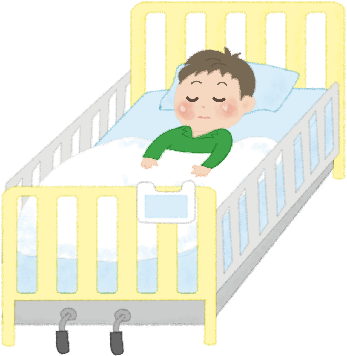 かわいい子どもが病院のベッドで寝ている無料イラスト(男の子)／病院52006に写真・文字を入れる