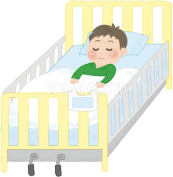 かわいい子どもが病院のベッドで寝ている無料イラスト(男の子)／病院52006