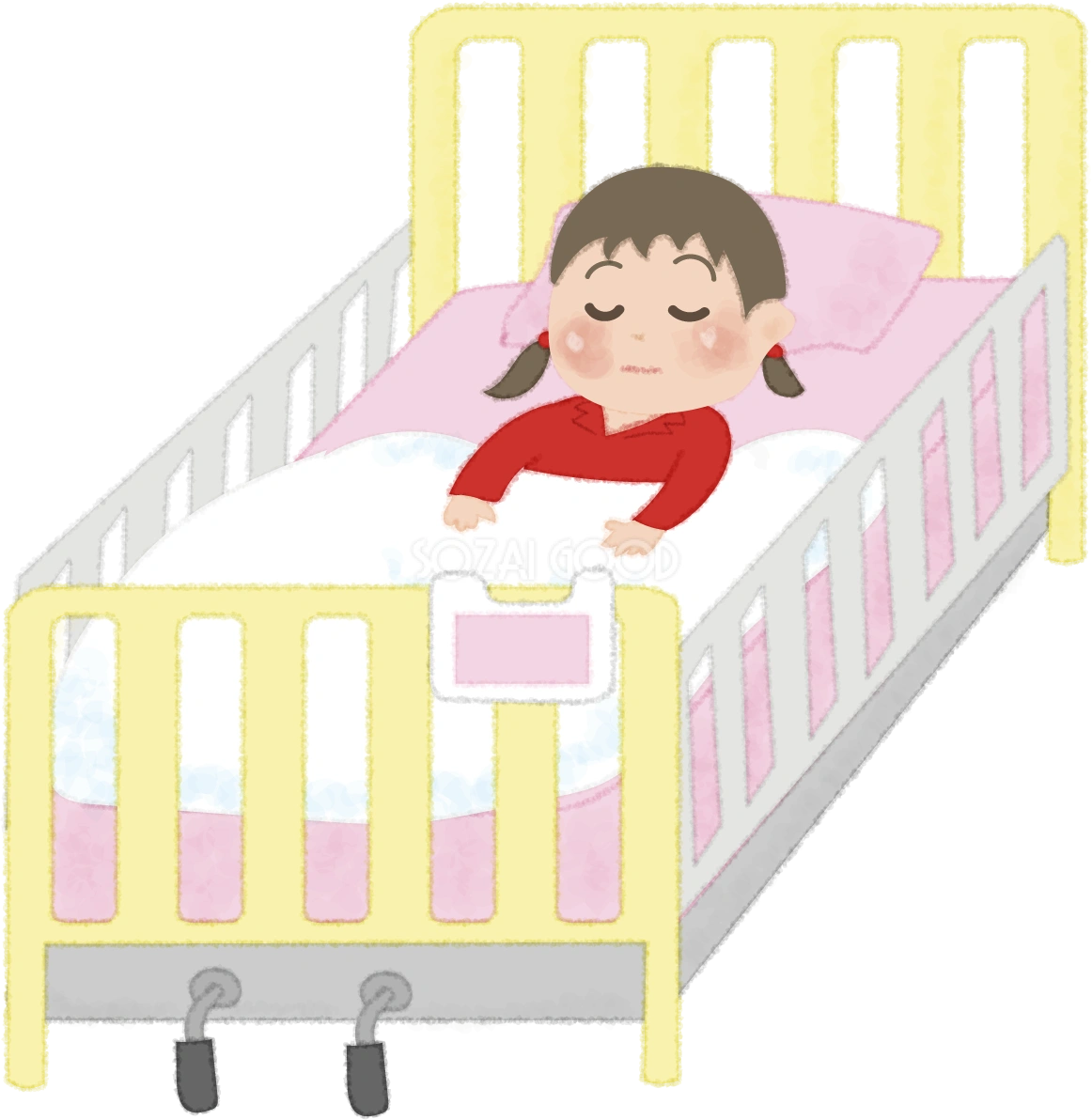 かわいい小児が病院のベッドで寝ている無料イラスト(女の子)/病院52010