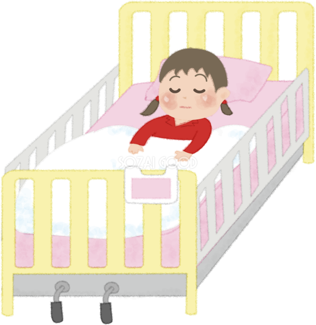 かわいい小児が病院のベッドで寝ている無料イラスト 女の子 病院