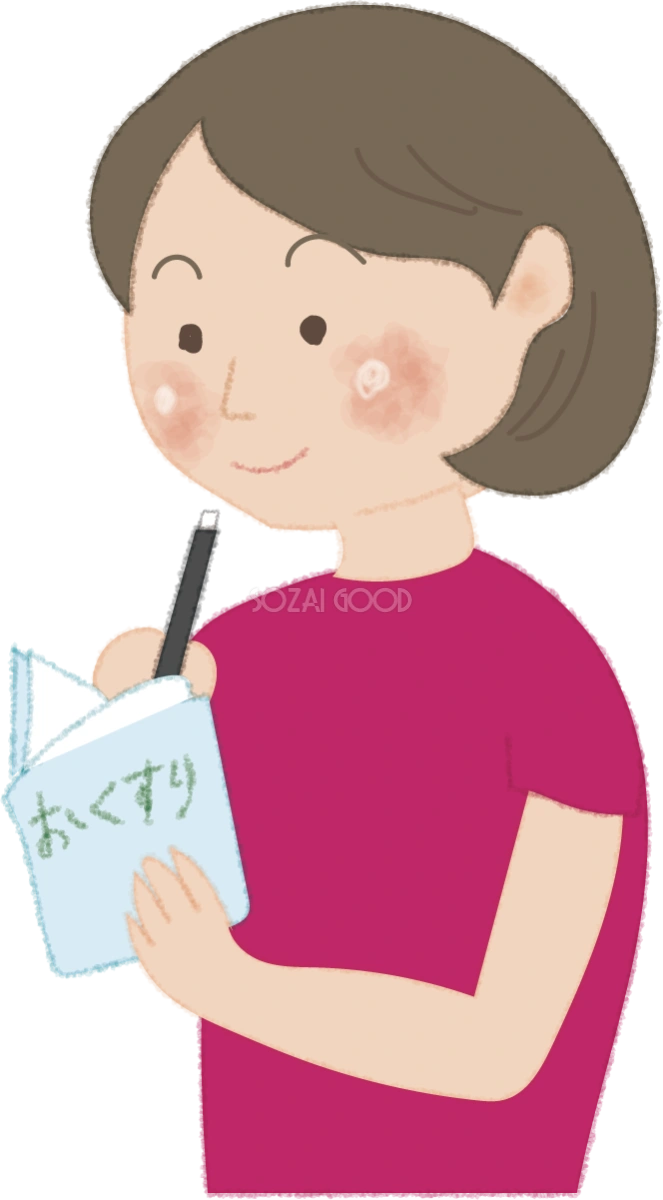 ボールペンでお薬手帳を書くお母さん無料イラスト/病院52014