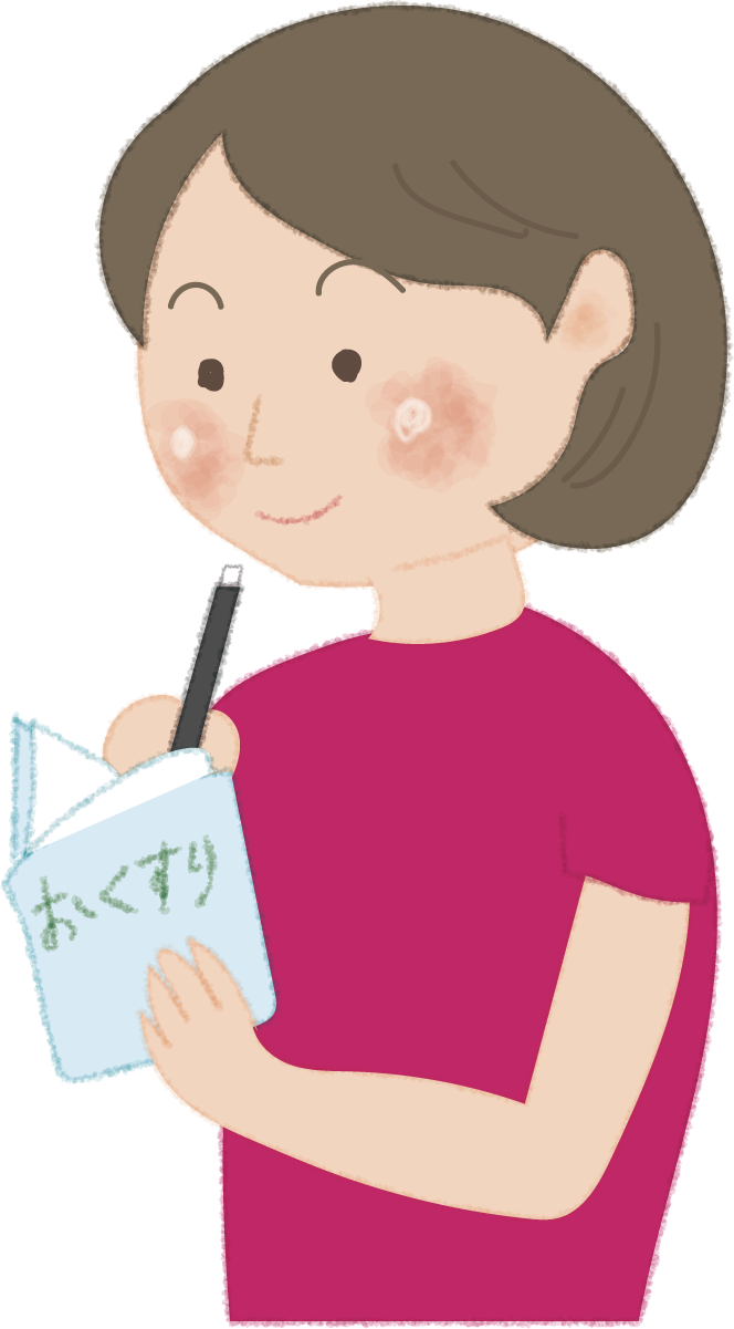 ボールペンでお薬手帳を書くお母さん無料イラスト／病院52014に写真・文字を入れる