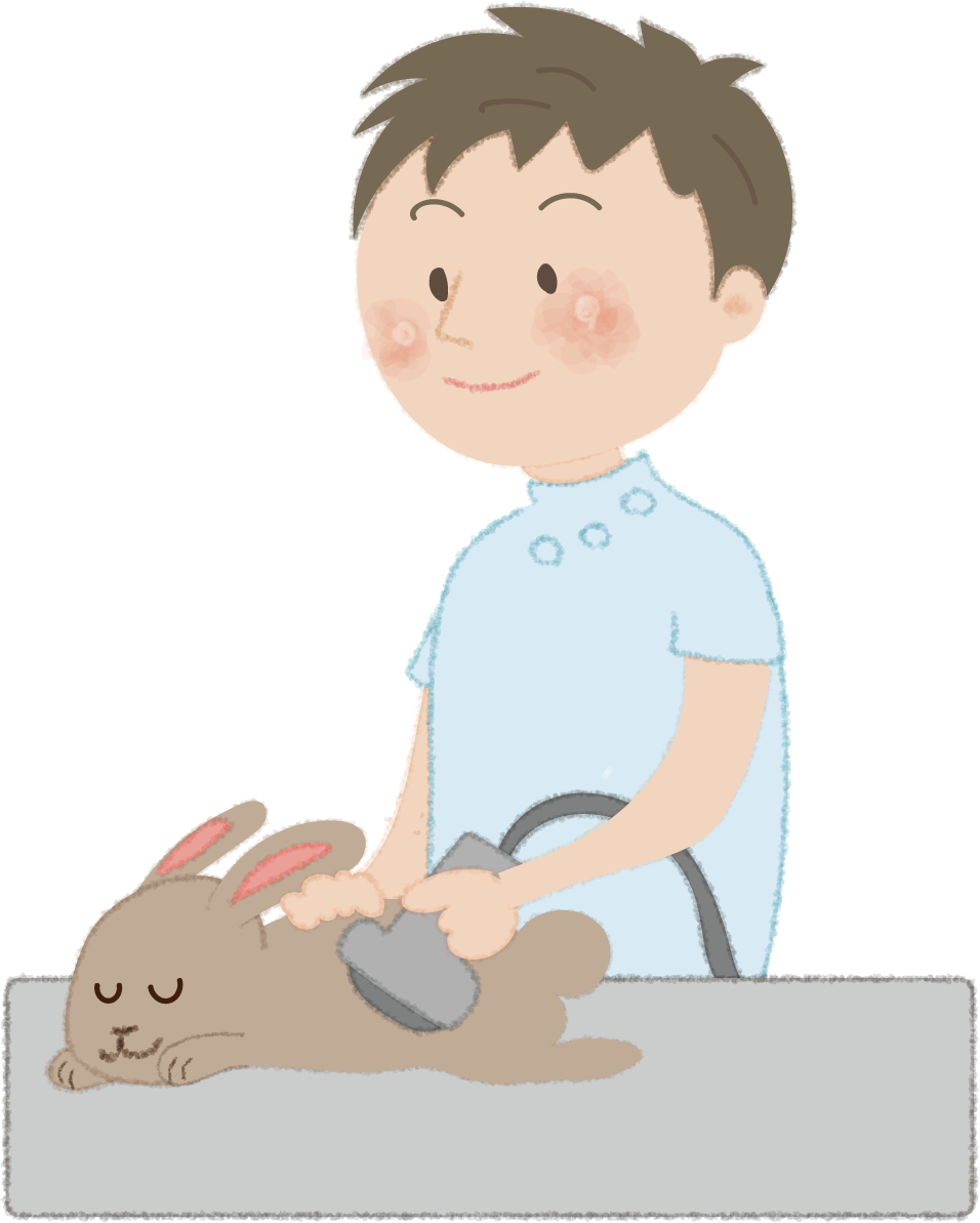 うさぎを診察台で検査するお医者さん（獣医）無料イラスト52525に写真・文字を入れる