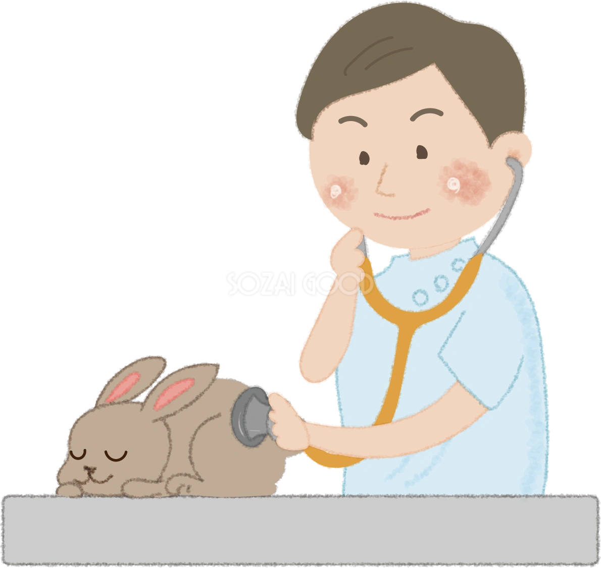 うさぎを聴診器で診察するお医者さん(獣医)無料イラスト52529