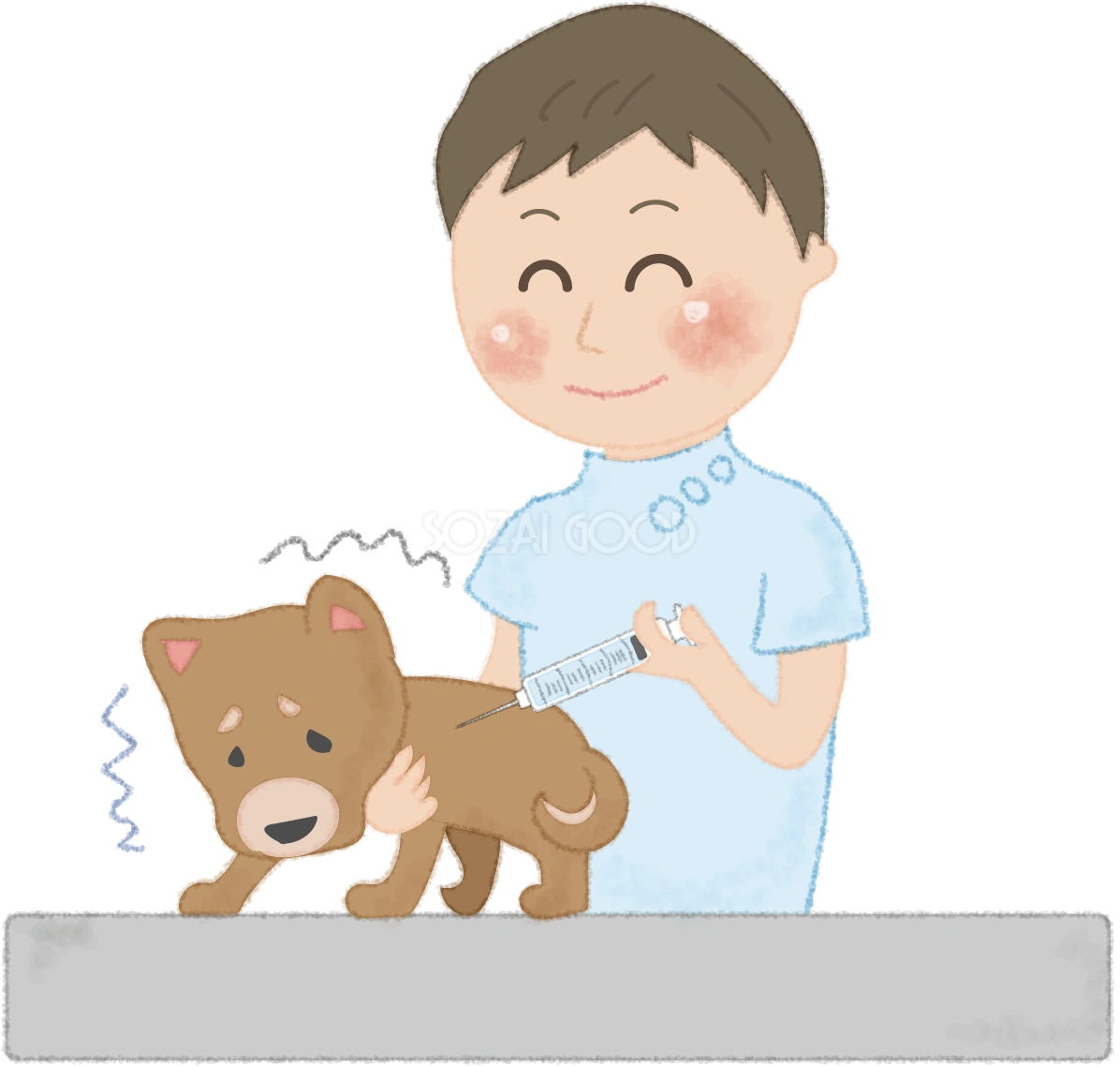 犬がお医者さん（獣医）に注射され怖がる無料イラスト52570