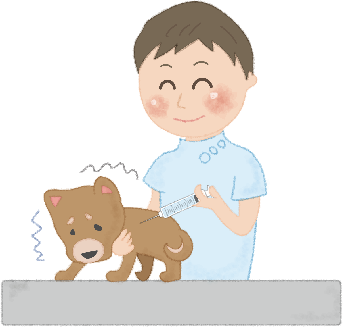 犬がお医者さん（獣医）に注射され怖がる無料イラスト52570に写真・文字を入れる