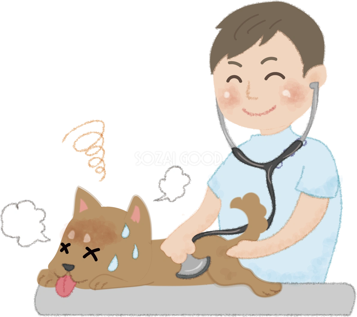 犬が熱中症でぐったりし病院で診察する無料イラスト52574