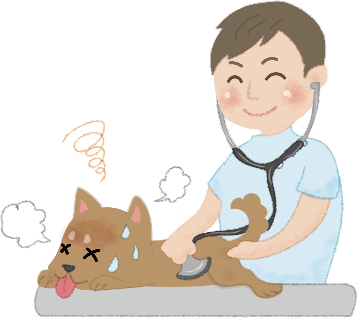 犬が熱中症でぐったりし病院で診察する無料イラスト52574に写真・文字を入れる