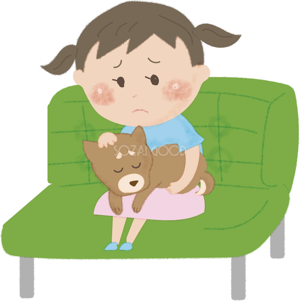 犬を抱き病院の待合室で待つ女の子無料イラスト52590