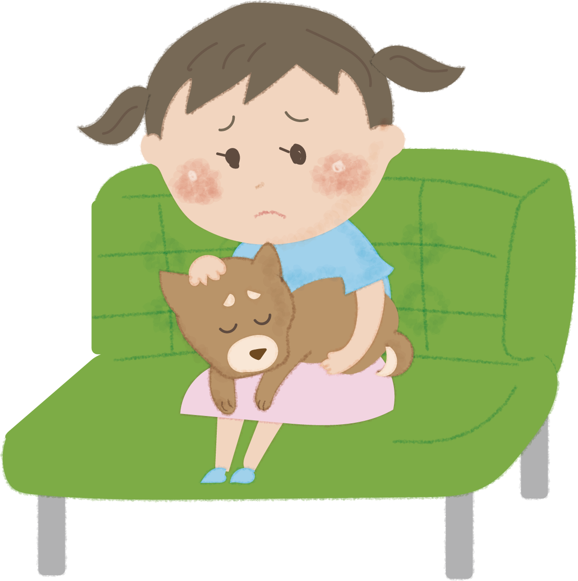 犬を抱き病院の待合室で待つ女の子無料イラスト52590に写真・文字を入れる