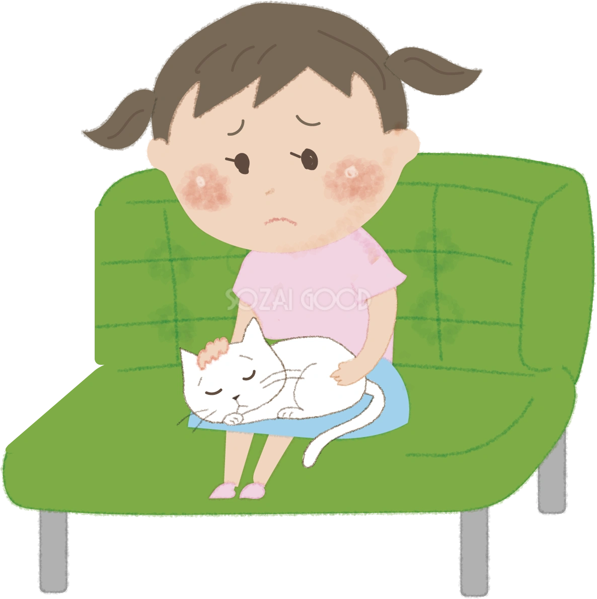 猫を抱き病院の待合室で待つ女の子無料イラスト52658