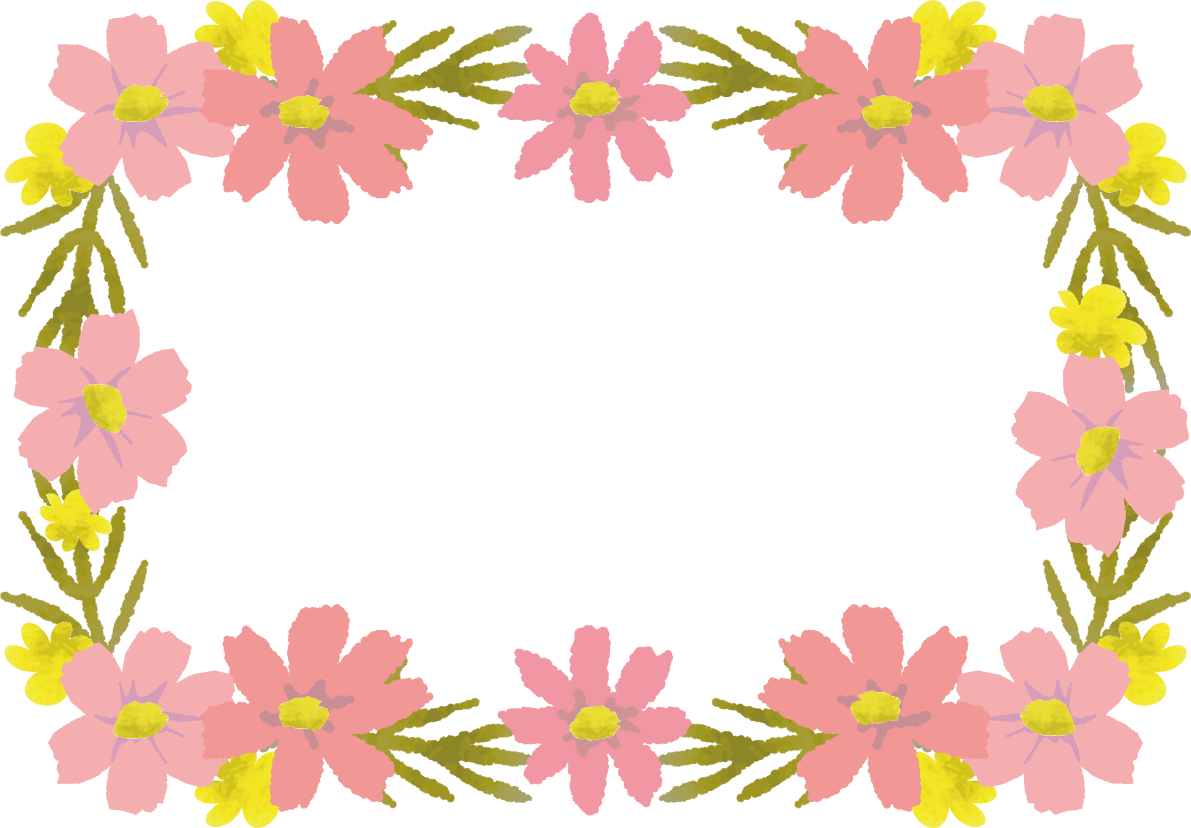 ピンクのコスモス(秋桜)と黄色い花で囲むフレーム飾り枠無料イラスト／秋52736に写真・文字を入れる