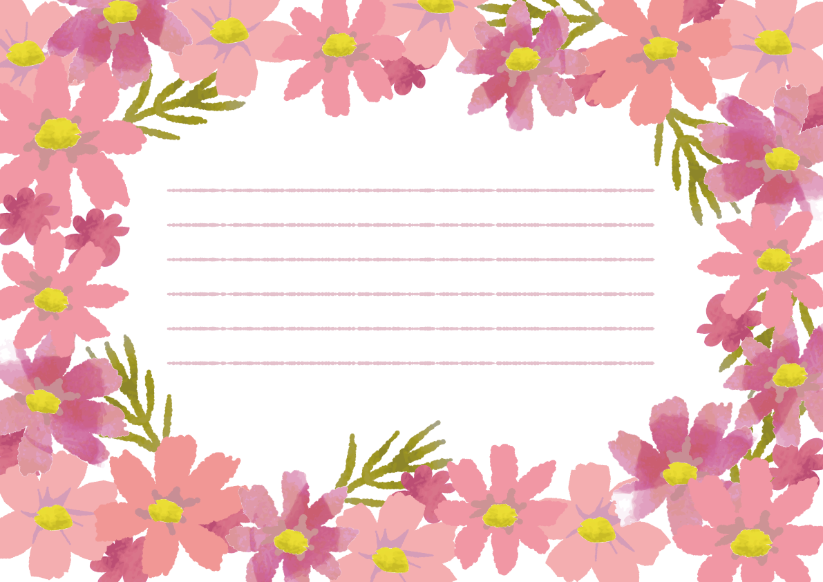 コスモス(秋桜)に包まれたハガキ（カード）フレーム枠無料イラスト／秋52740に写真・文字を入れる