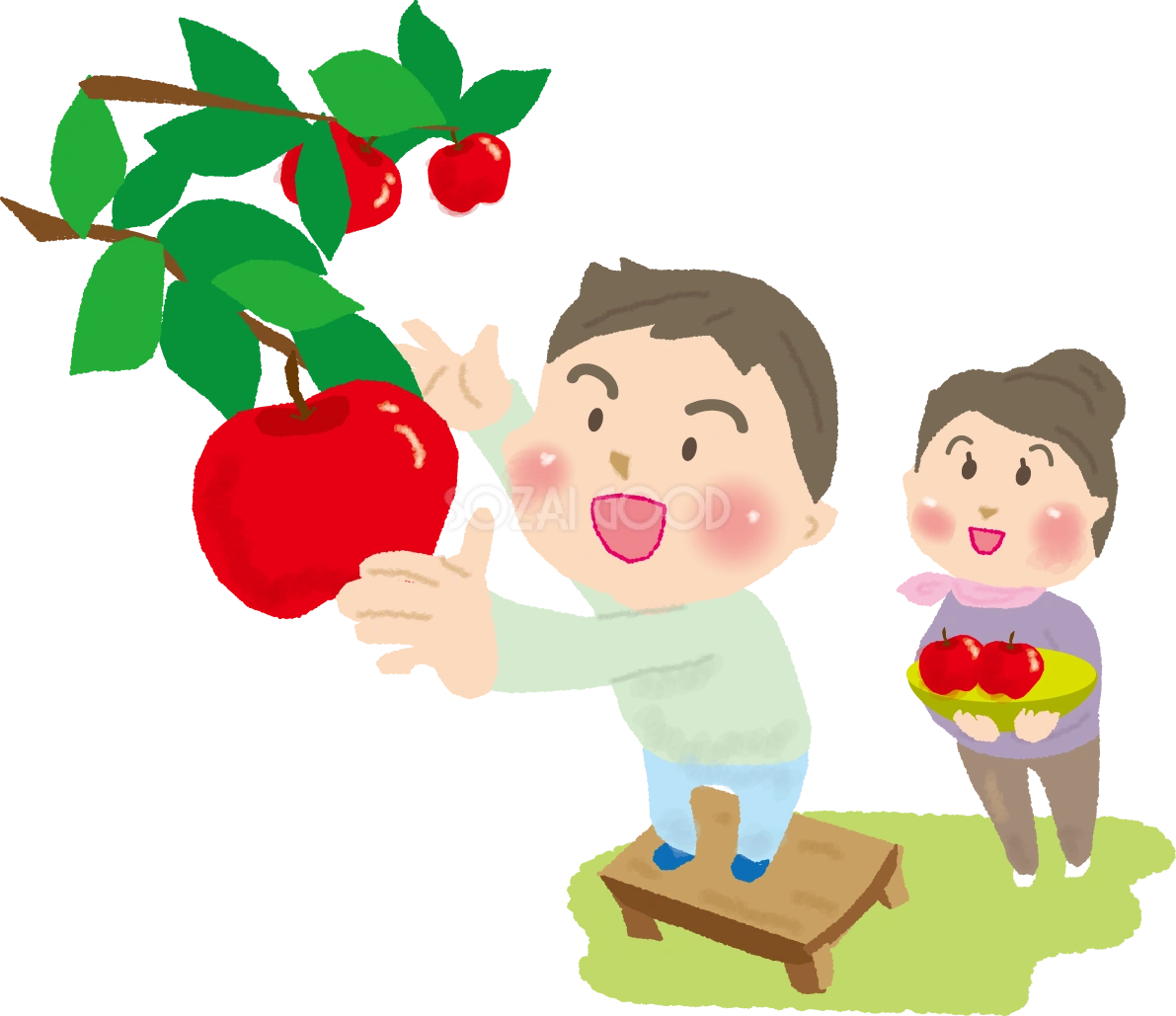 リンゴ狩りをする子どもとお母さん無料イラスト/秋52776