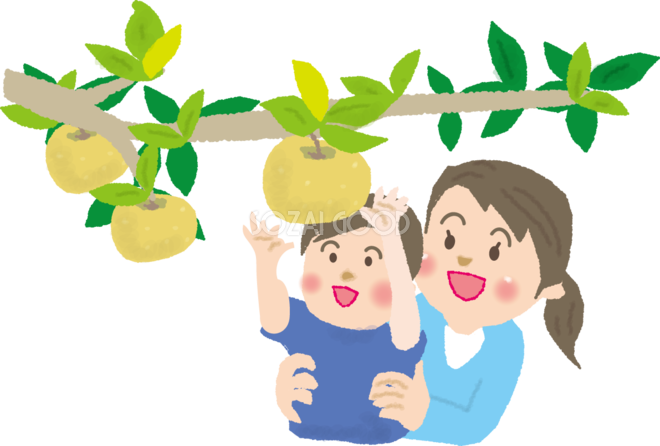 梨狩りをする子どもとお母さん無料イラスト 秋 素材good