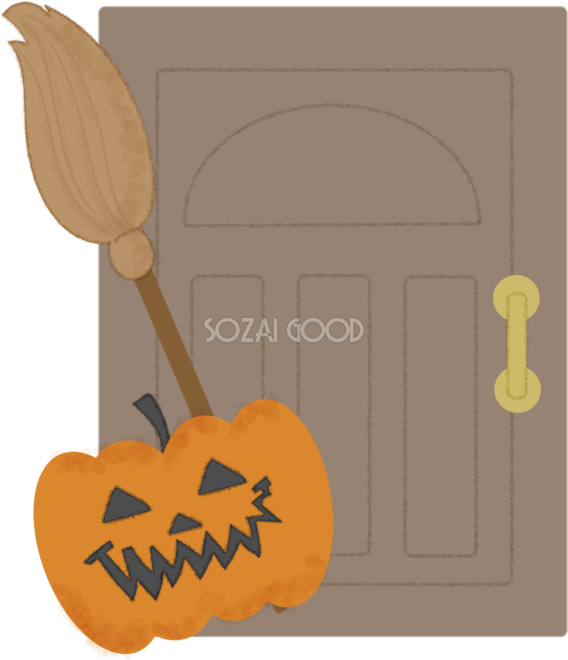 ハロウィン かぼちゃの顔 ドアとほうき 無料イラスト53698 素材good