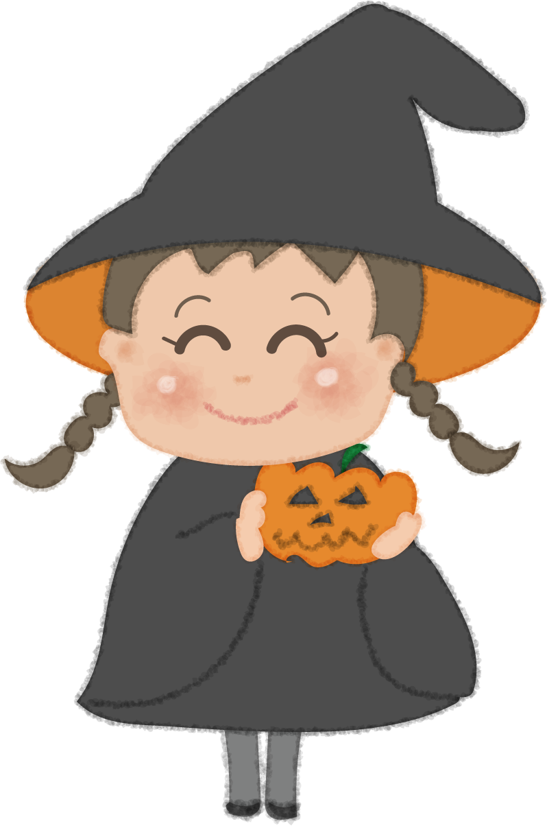 ハロウィンのかわいい魔女少女(かぼちゃを持つ)無料イラスト53702に写真・文字を入れる