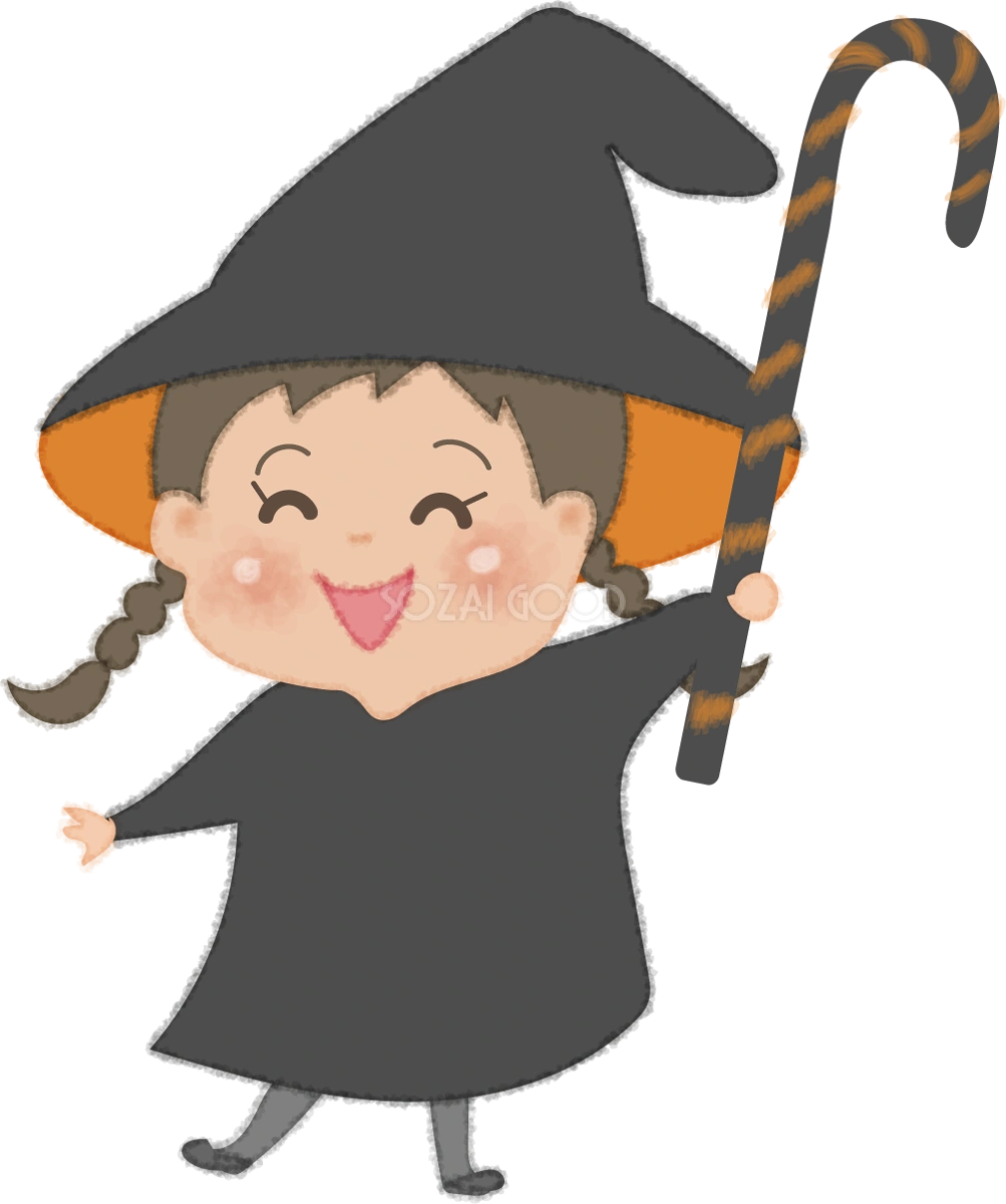ハロウィンのかわいい魔女少女(ステッキ)無料イラスト53706