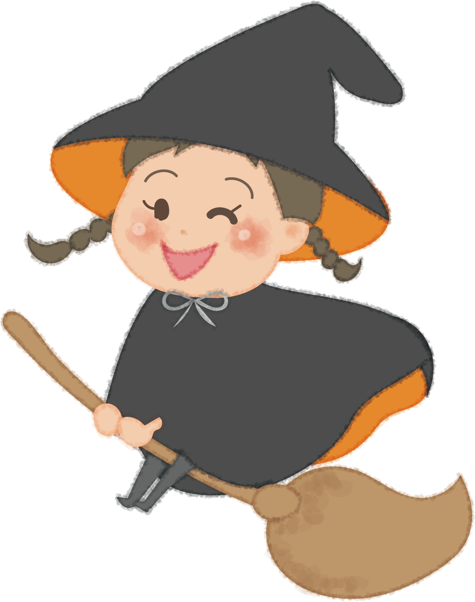 ハロウィンのかわいい魔女少女(ほうきに乗る)無料イラスト53710に写真・文字を入れる