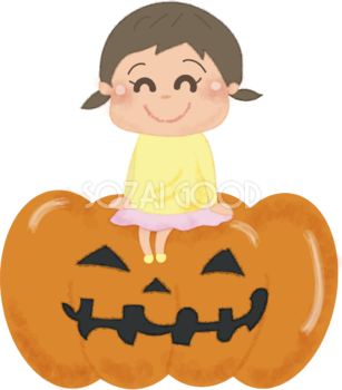 ハロウィン女の子(かぼちゃに乗る)無料イラスト53718