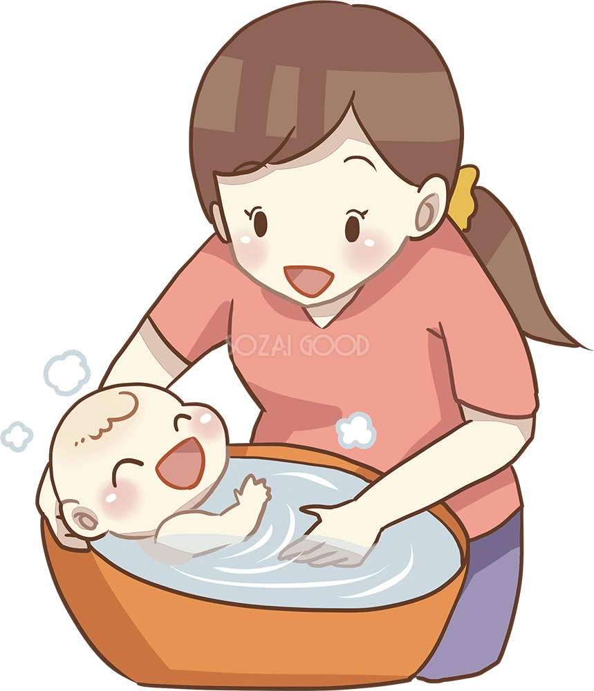 お母さんが赤ちゃんをお風呂に入れる 無料イラスト