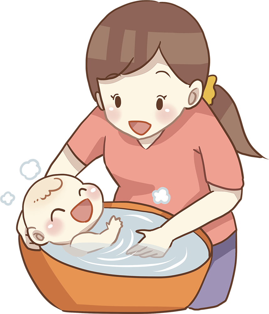 お母さんが赤ちゃんをお風呂に入れる  無料イラストに写真・文字を入れる