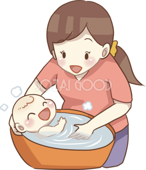 お母さんが赤ちゃんをお風呂に入れる  無料イラスト