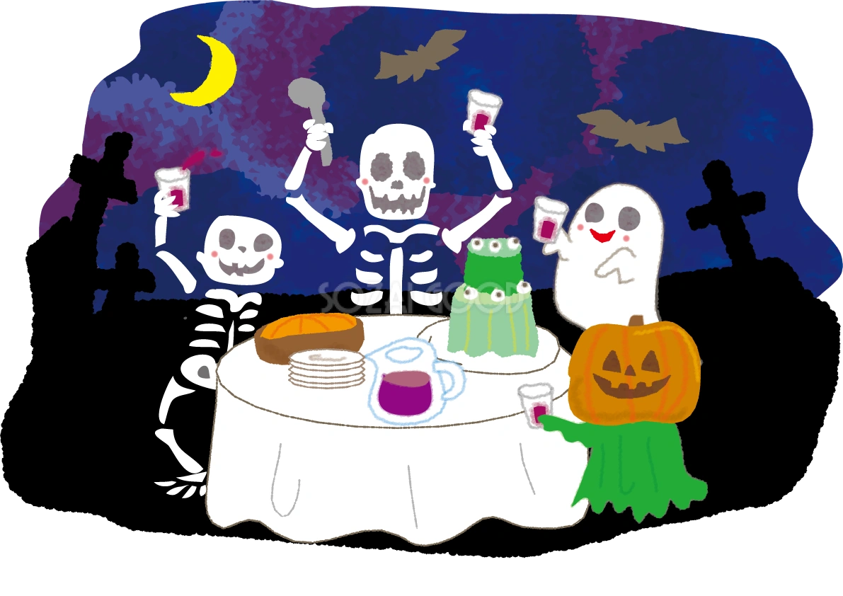 ハロウィンがいこつ(パーティー)無料イラスト54369