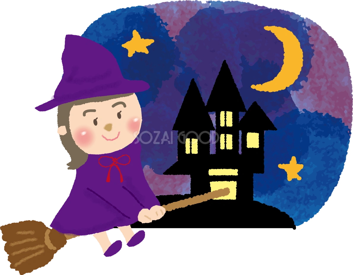 ハロウィンのかわいい魔女少女（お城に行く）無料イラスト54401