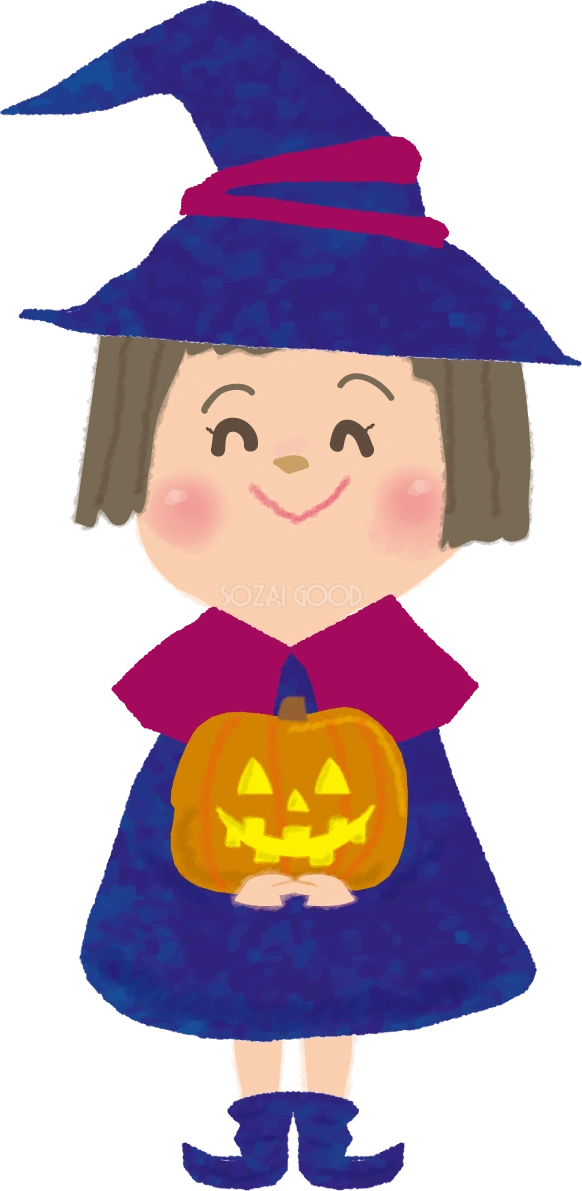 ハロウィンのかわいい魔女少女（かぼちゃを持つ）無料イラスト54406