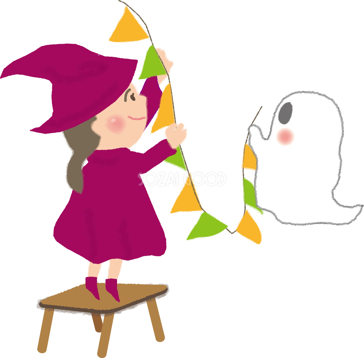ハロウィンのかわいい魔女少女(パーティー準備)無料イラスト54410