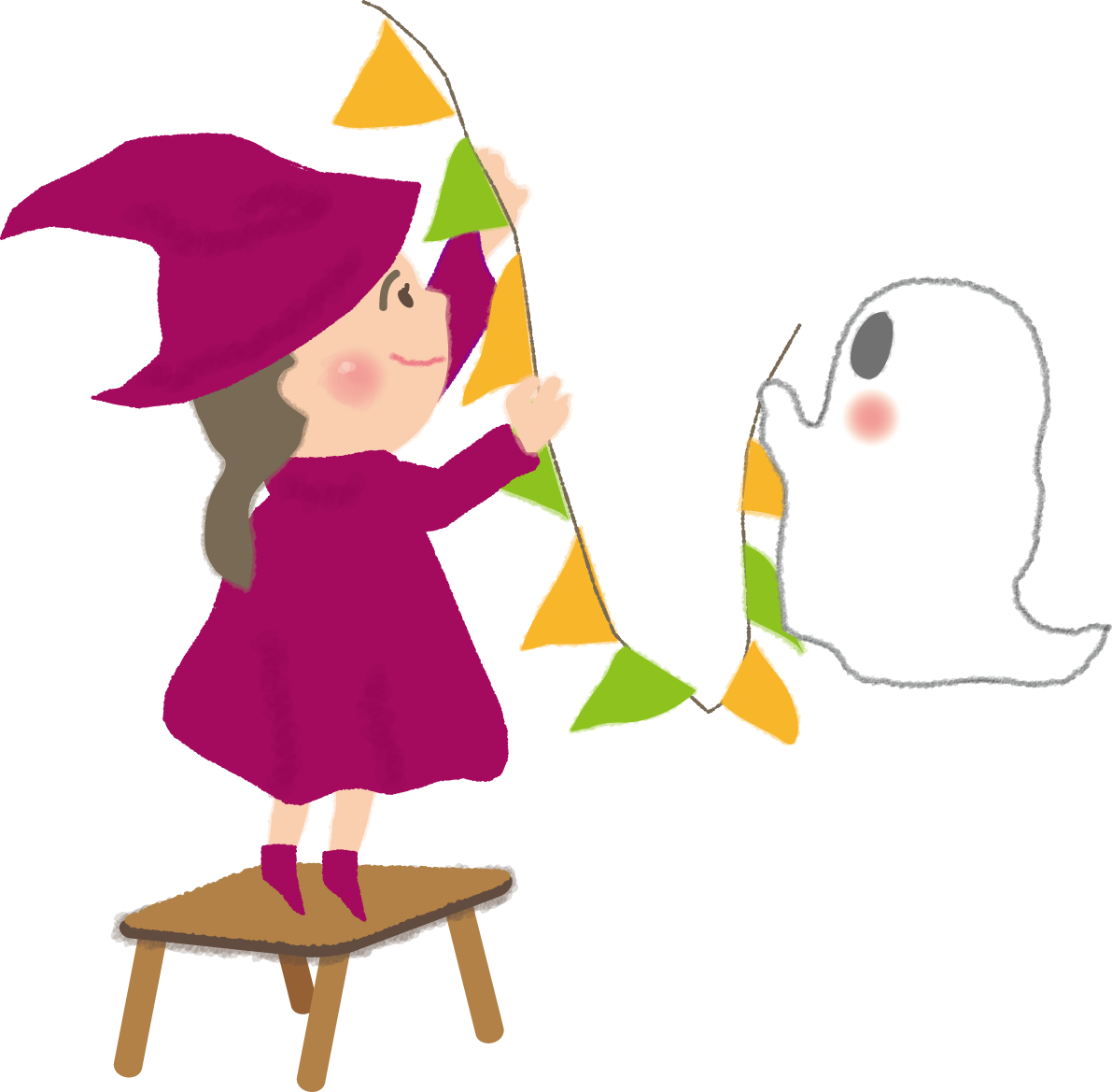 ハロウィンのかわいい魔女少女（パーティー準備）無料イラスト54410に写真・文字を入れる