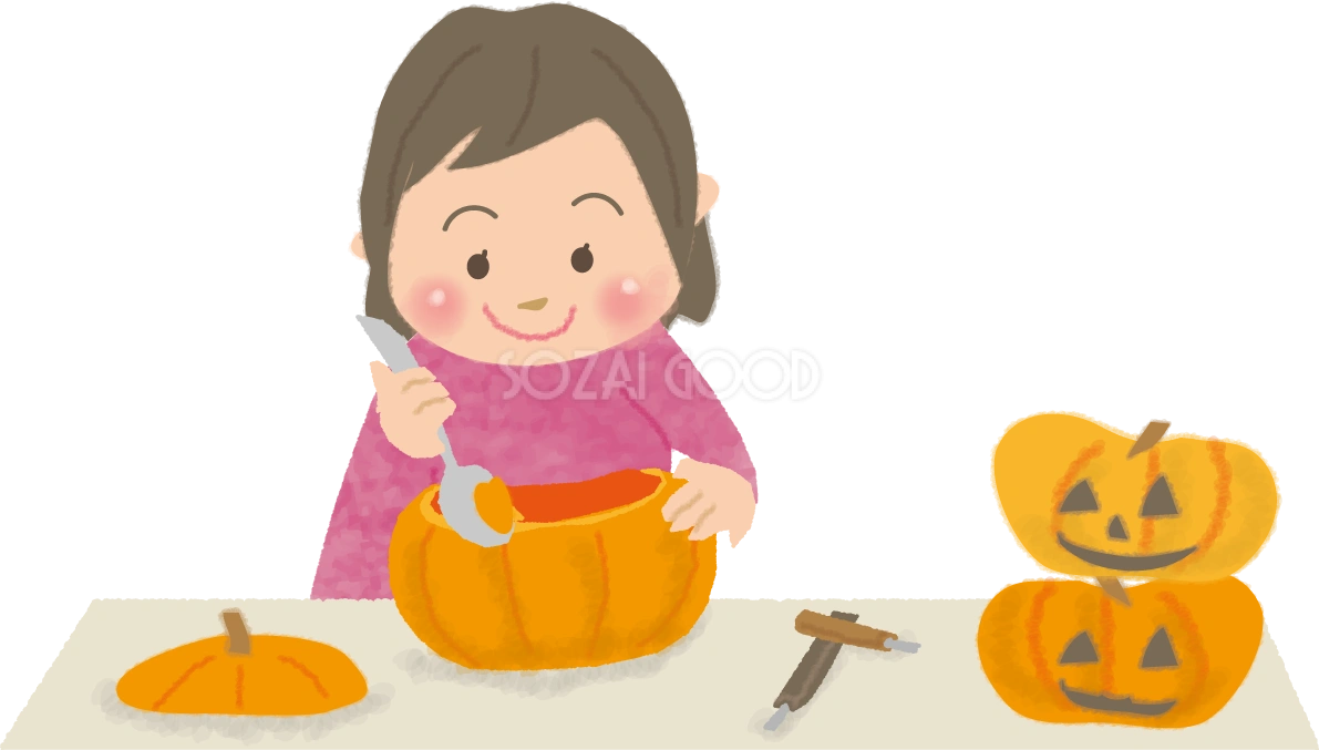 ハロウィン女の子（ランタンを作る）無料イラスト54430