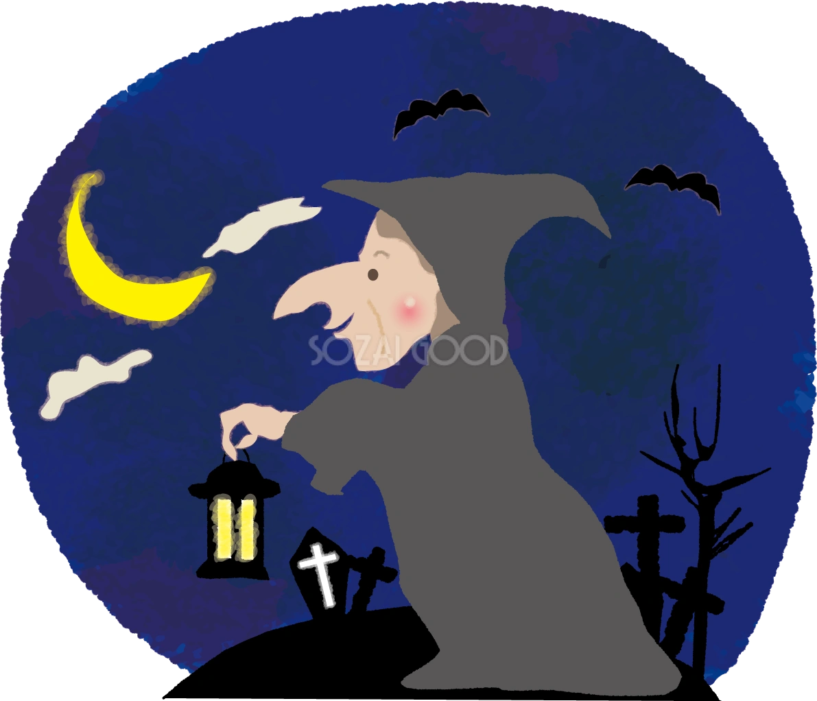 魔女のハロウィン(魔女と月夜)無料イラスト54456