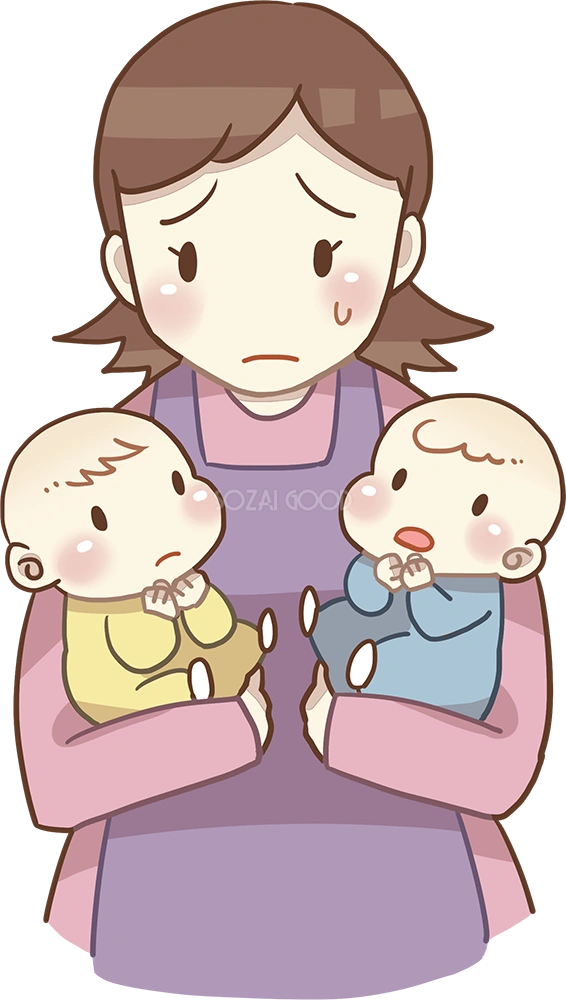 双子の赤ちゃんを抱っこし大変そうなお母さん 無料イラスト