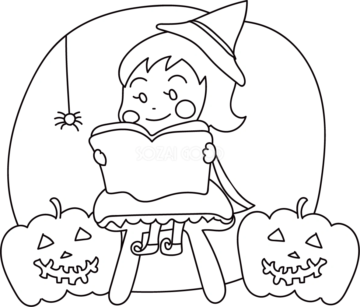 ぬりえに使えるハロウィン(本を読む)無料イラスト54514