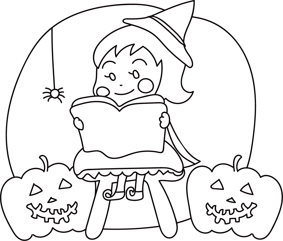 ぬりえに使えるハロウィン(本を読む)無料イラスト54514に写真・文字を入れる